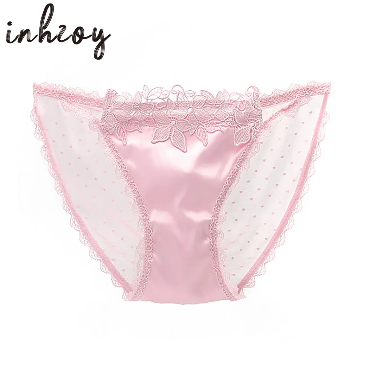 

Womens Sexy Satin Lace Panties Lingerie Low-rise Transparent Sheer Mesh Patchwork Underwear Tempting Shiny Satin Panties Knicker