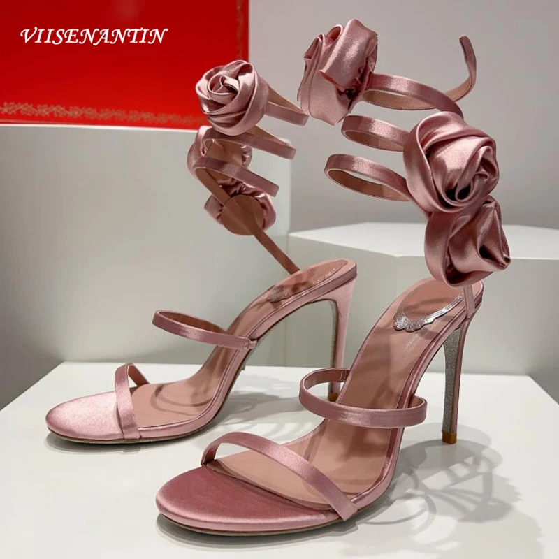 

Snake Ankle Strap High Heel Women Sandals Spiral Frenulum Rose Flower Decoration Satin Silk Ladies Party Wedding Shoes Summer