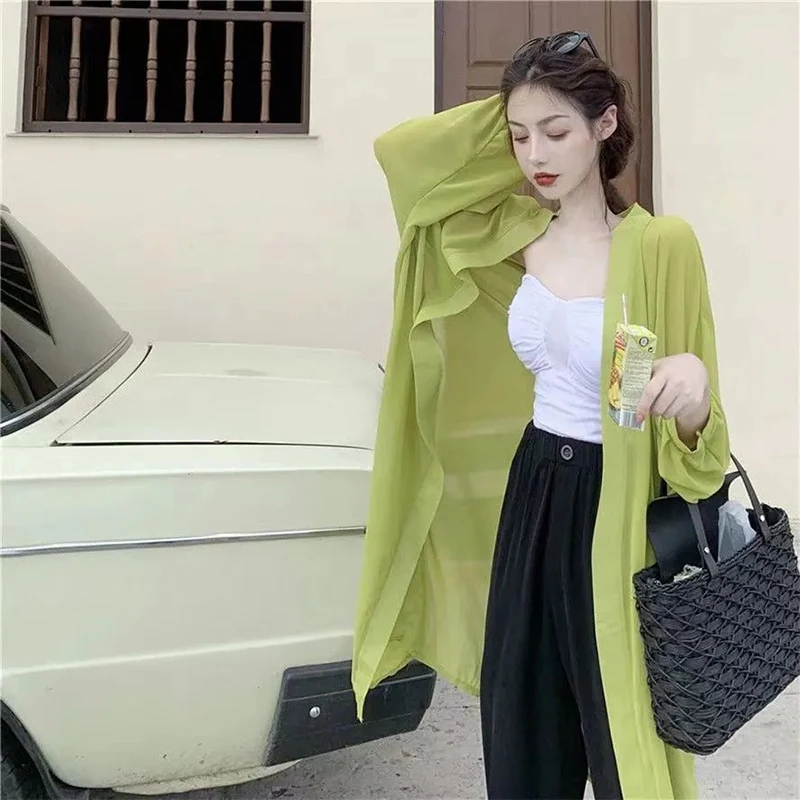 MEXZT 여름 여성 블라우스, 퍼프 소매 긴 쉬폰 자외선 차단 셔츠, 블랙 화이트, 루즈 캐주얼 자외선 차단 셔츠 상의, 가디건