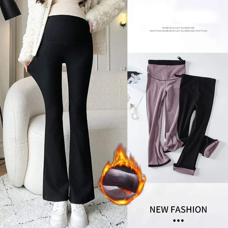 

2023 Winter Maternity Boot Cut Stretched High Waist Purple Fleece Pregnant Woman Belly Trousers Fashion Pregnancy Knitting Pants