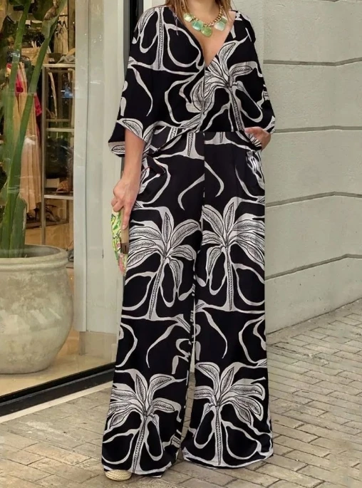 Jumpsuits for Women Spring Summer New Casual Pockets Print Work V-Neck Women One Pieces Bodysuit Women Fashion Elegant Jumpsuit