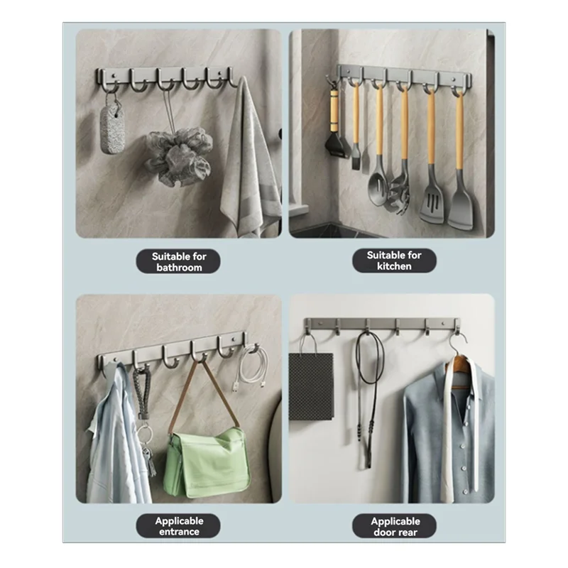 A88K-Space Aluminum Hook Bathroom Towel Hook Living Room Door Back Clothes Simple Storage 6 Hooks To Save Space