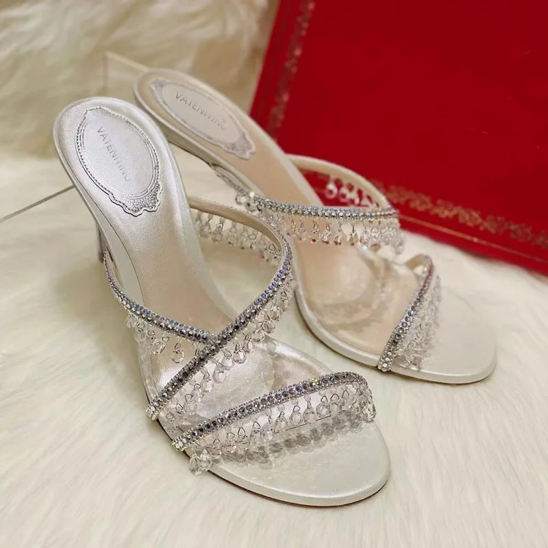 

Summer New Style Rhinestone Tassel Bow Tie Wearing Fashion Slippers Slim Heel High Heel Dress Versatile Sexy Women's Sandals