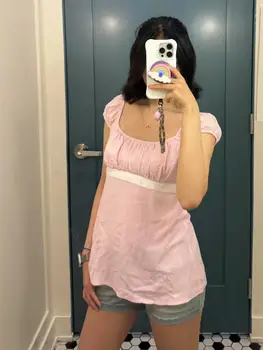 Women Summer Fairy Grunge Y2k Babydoll Shirts Cap Sleeve Micro Polka Dot Tie Back Flowy Slim T-shirts Tops Preppy Clothes 1
