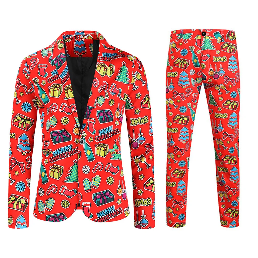 thumbnail image 1 of Traje de negocios informal navideño para hombre, 2 piezas, chaqueta de un botón, pantalones, feo y divertido conjunto con estampado de muñeco de nieve y alce navideño para hombre, 1 of 4