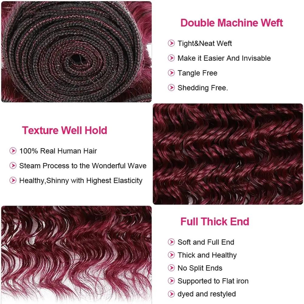 99j Bundles Burgundy Deep Wave Human Hair Bundles 26 28 30 inch Wine Red Unprocessed Brazilian Virgin human hair extensions human hair for braiding