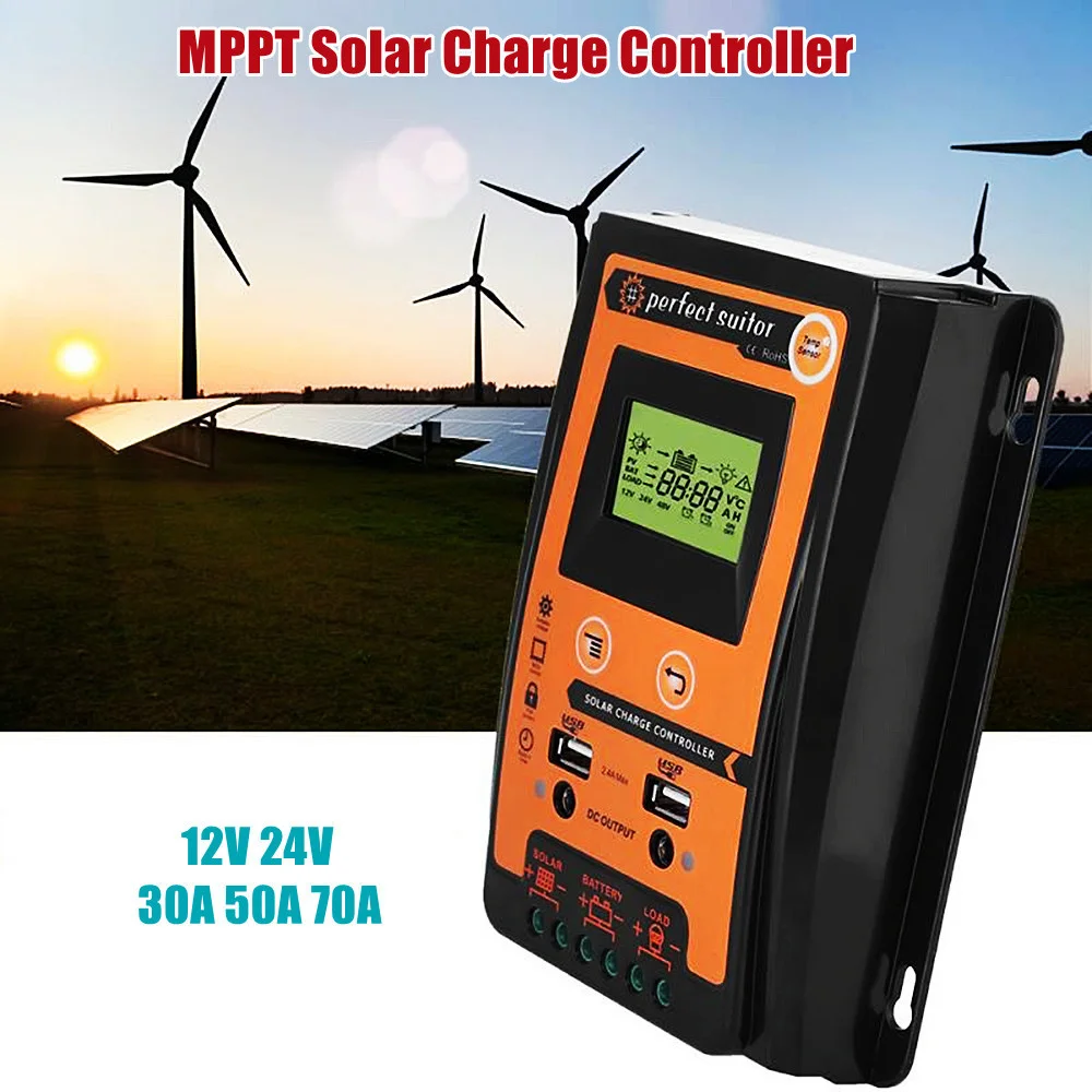 MPPT Solar Charge Controller 12V 24V 30A 50A 70A Solar Controller Solar Panel Battery Regulator Dual USB 5V LCD Display