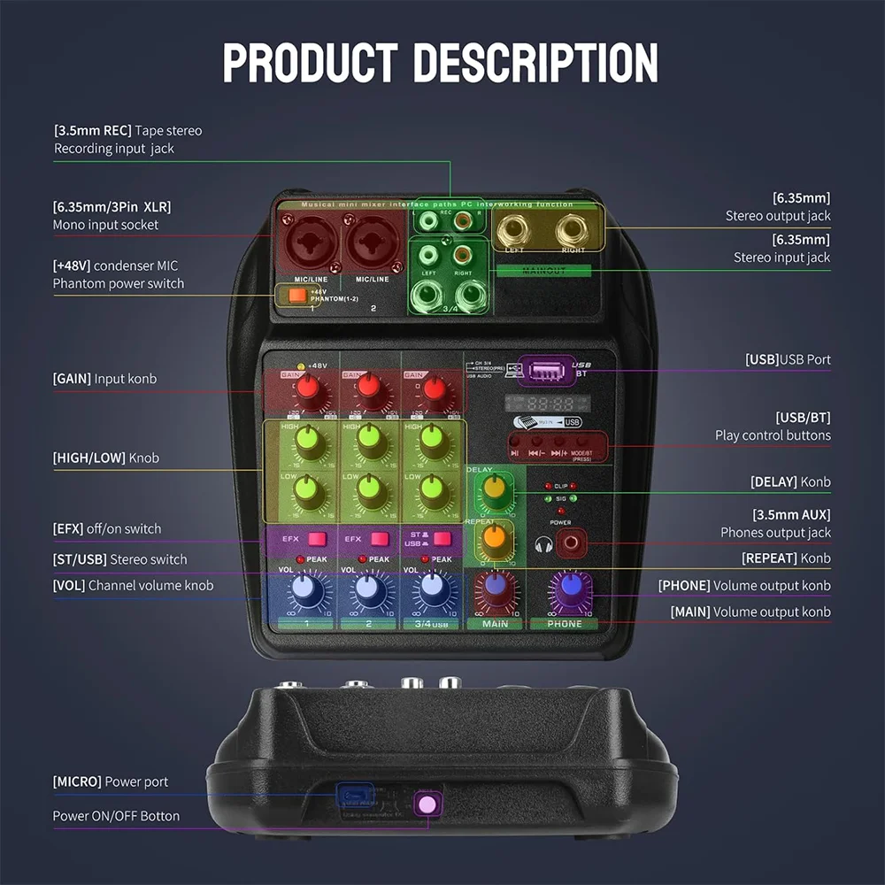 Portable 4 channel audio mixer Recording Sound Console Mixing card With BT 48V USB interface for DJ Karaoke PC MP3 microphone