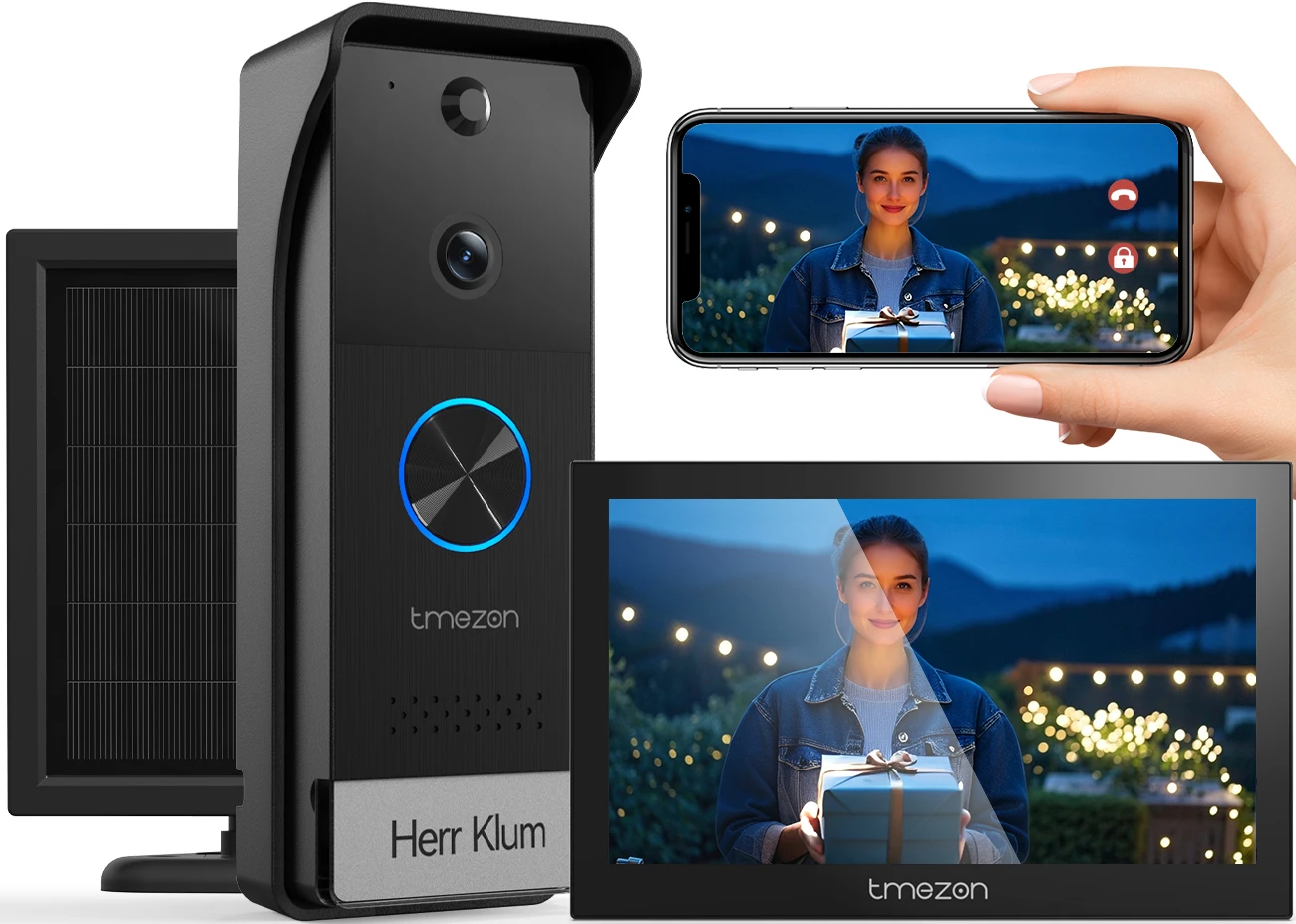 TMEZON Solarbetriebene Kabellose Video-Türsprechanlage mit 7-Zoll-Touchscreen-Monitor und 1080P-Türklingel, Unterstützt Fernentriegelung, Tuya-kompatibel