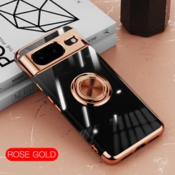 Sleek Transparent Metal Shockproof Case with Magnetic Ring Bracket for Google Pixel 8 Pro (Rose gold)