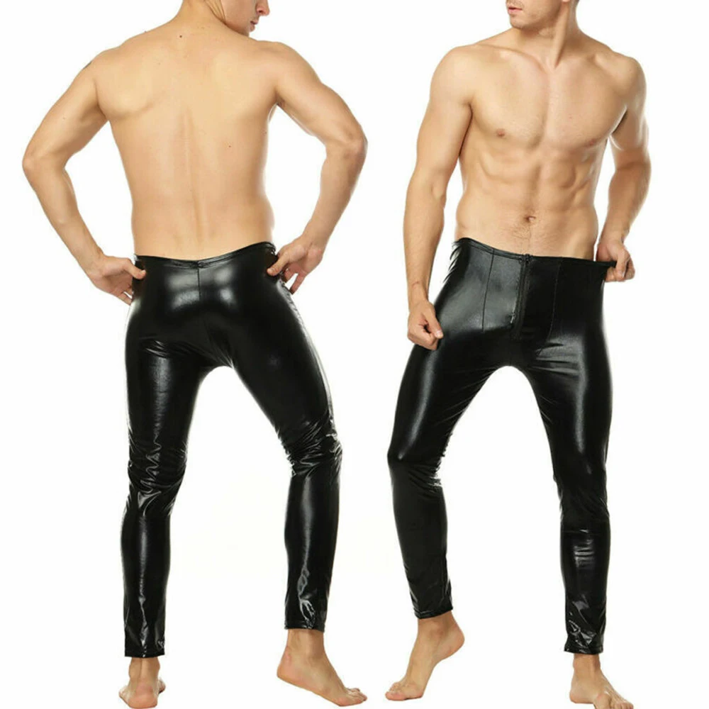 Mens Erotic Temptation Trousers Sexy U Convex Pouch Zip Open Trousers Tight Leggings Club Slim Stretch Wet Look PU Leather Pants