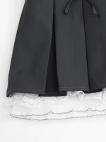 GIBSIE Plus Size Bows contrast lace pleated skirt Women's summer JK mini skirt Korean high waist zipper gray a-line skirt - Image 4