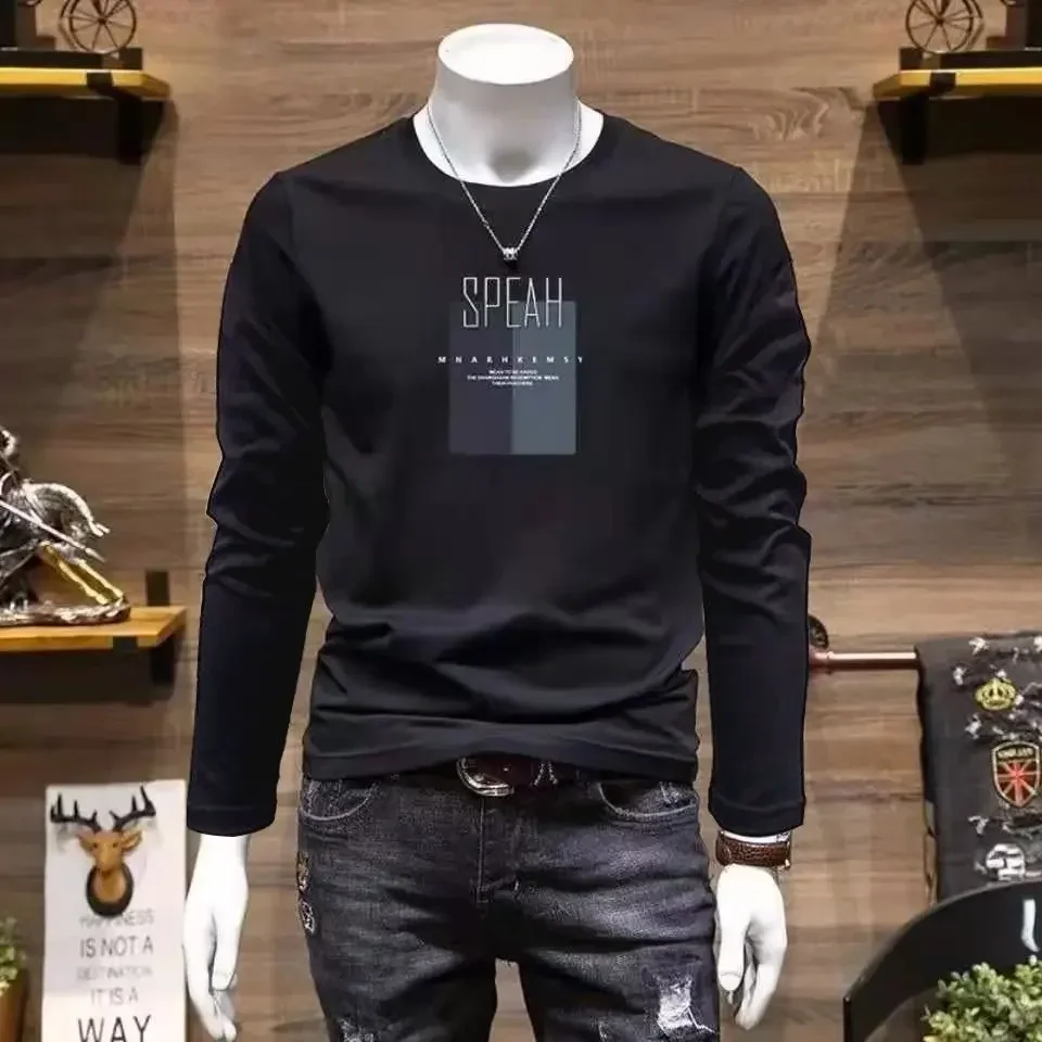 thumbnail image 1 of Camiseta de talla grande para hombre, ropa ajustada de gran tamaño con estampado, cuello redondo ajustado y citas de estilo coreano, camiseta emo informal, 1 of 5