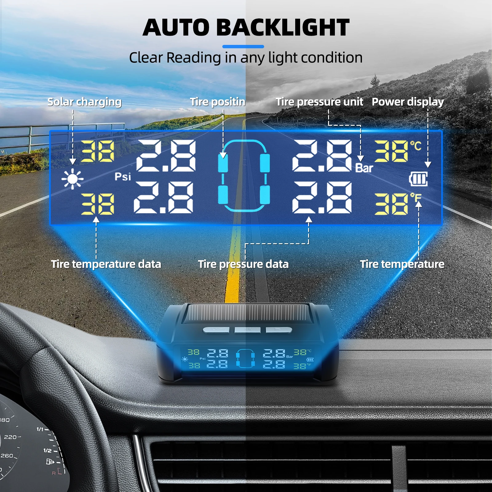 Solar Power TPMS Car Tire Pressure Alarm Monitor Intelligent Auto Security Alarm Digital Tyre Pressure Temperature Warning