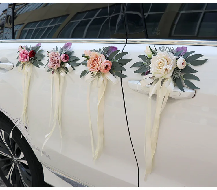 Yannew Hochzeit Auto Rückspiegel Dekoration Blumen Mehrzweck Auto Türgriff Blume mit Schleife Hochzeit Gang Stuhl Blumen – Detail 1