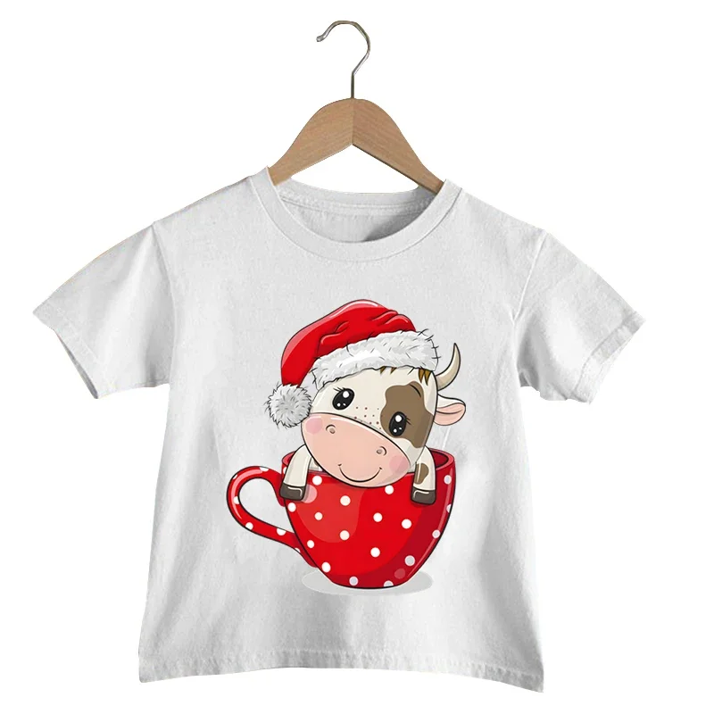 Cute Christmas T-Shirt Kids Boys Cartoon Bull Is Sitting In A Red Cup Print Top Shirt Autumn Xmas T Shirt Girls Top Tshirt