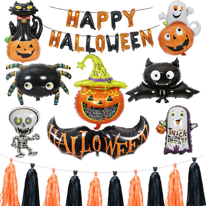 

Happy Halloween Foil Balloons Pumpkin Ghost Spider Bat Skull Inflatable Helium Ballons Halloween Party Decorations for Home 2023