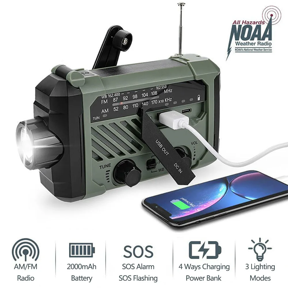 Portable Radio Hand Crank AM FM NOAA Receiver Emergency 3-in-1 Desk Lamp Flashlight Solar Charging 2000mAh Power Bank For Phone |