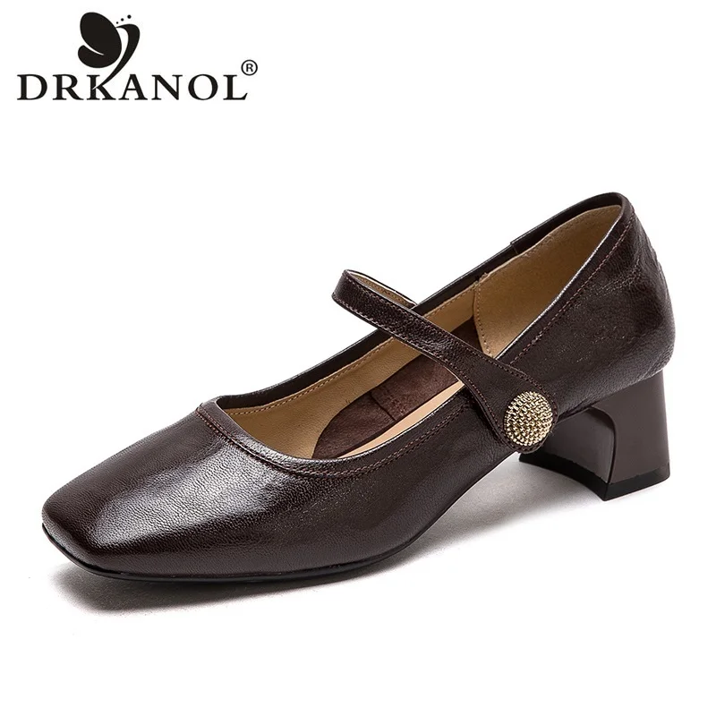 

DRKANOL Fashion Mary Janes Shoes 2024 High Quality Genuine Leather Sheepskin Square Toe Thick Heel Casual Office Lady Shoes