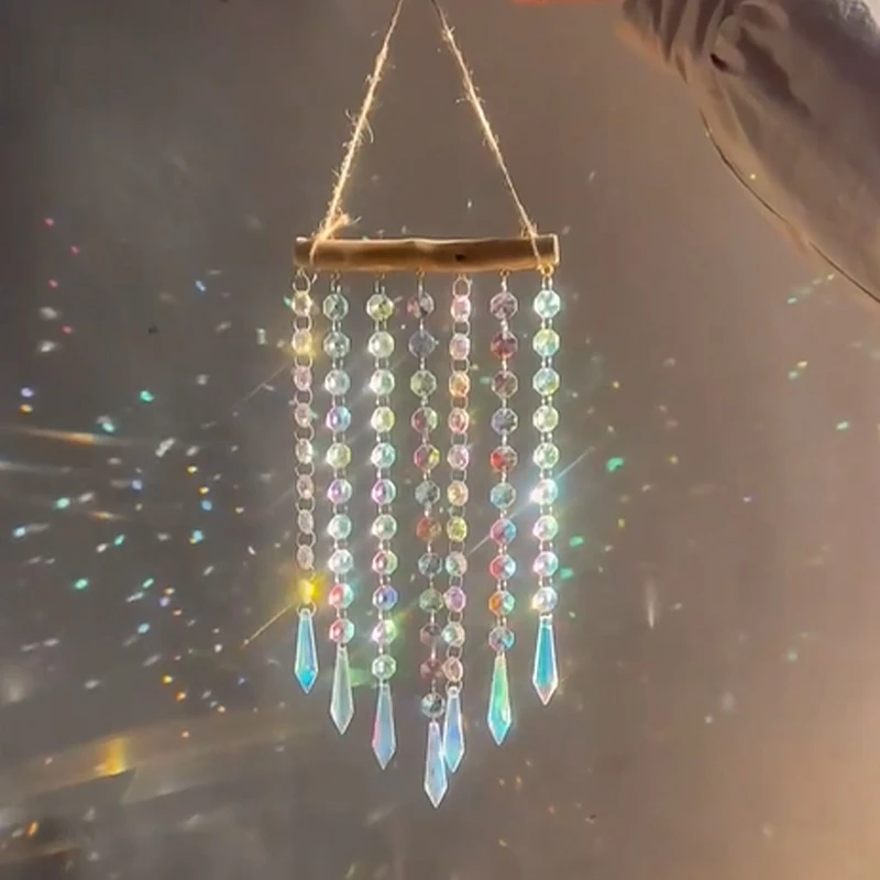 Suncatcher Crystal Hanging Window Wind Chime Chandelier Stained Glass Pendants Light Reflective Bead Curtain Garden Decoration
