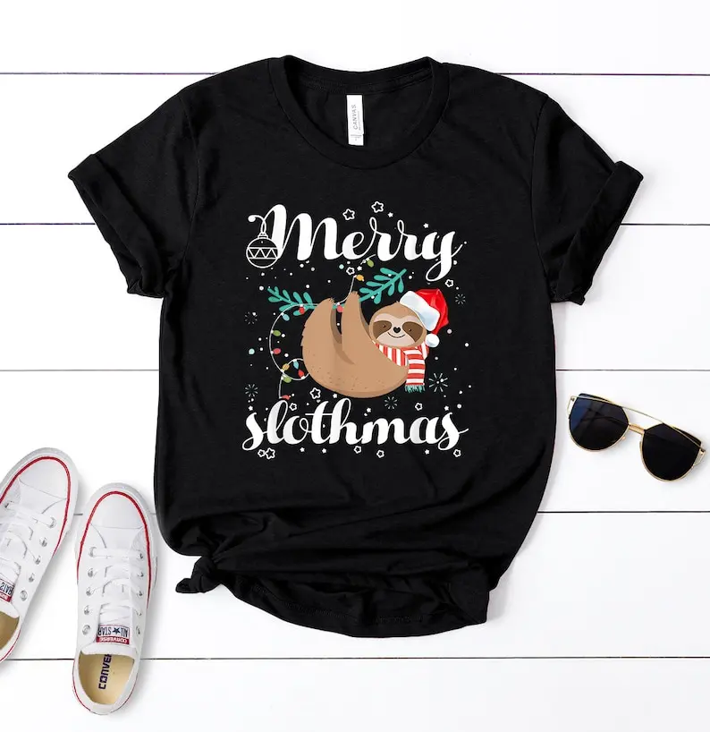 

Sloth Christmas Shirt, Merry Slothmas Christmas Pajama for Sloth Lovers, Merry Slothmas Short Sleeve Top Tees O Neck Streetwear