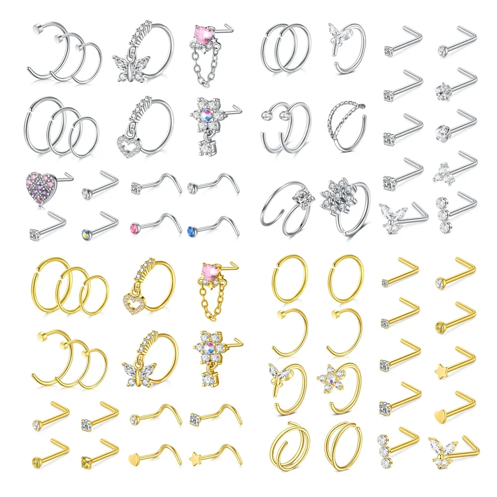 Small Open Nose Rings Love Heart Pendant Nose stud L Shaped Butterfly Flower Stainless Steel Spiral Piercing Jewelry 18Pcs