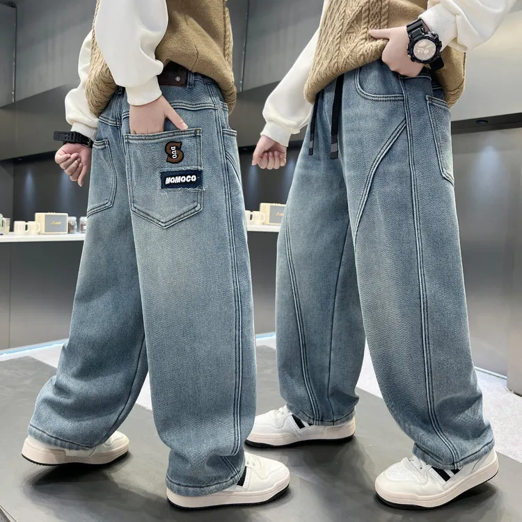 십대 가을 빈티지 배기 청바지 소년용 루즈 스트레이트 캐주얼 데님 팬츠 학생 어린이 레터 자수 바지
