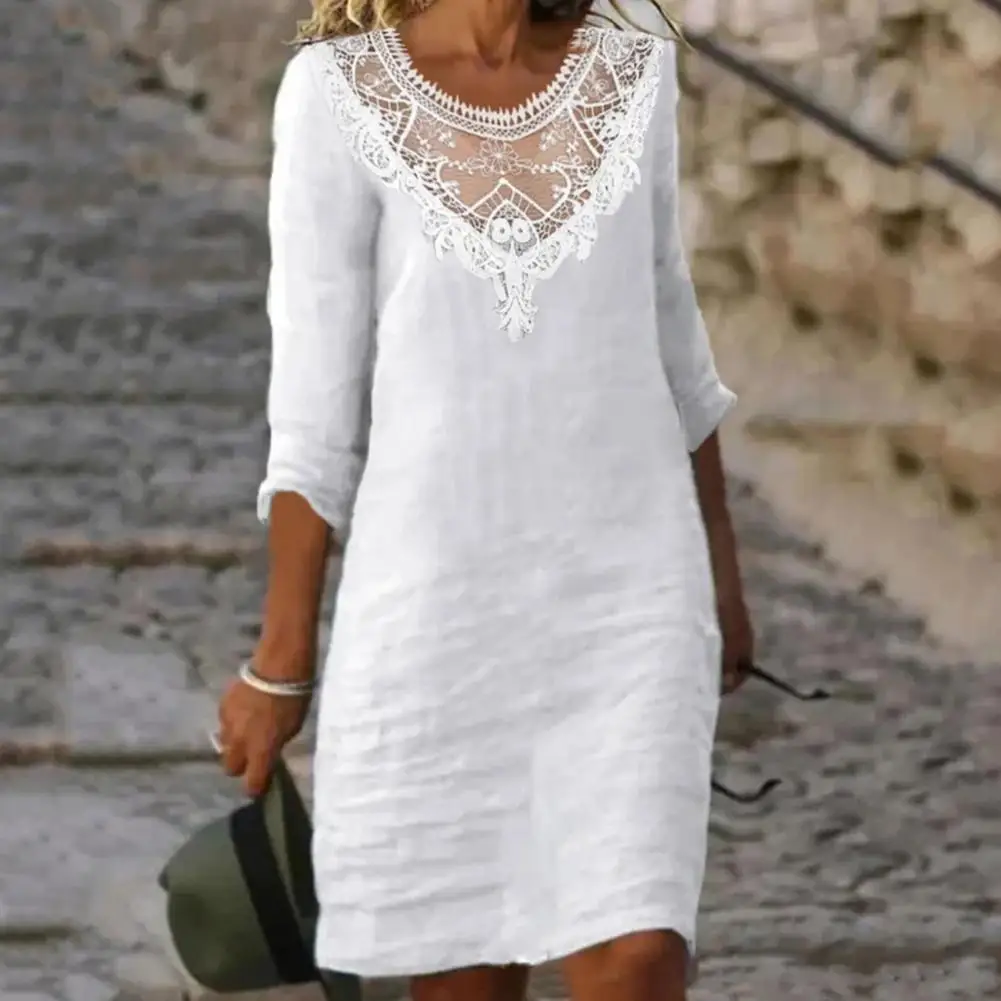 

Women Sexy Dress White Hollow Lace Dress Short Sleeve Loose Midi Dresses 2023 Summer Casual Dress Women Vestidos Robe