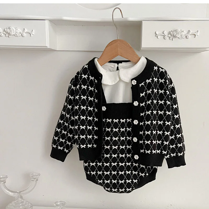

Baby Girls Knitting Clothing Sets Long Sleeve Infant Cardigan Coat + Suspenders Rompers Autumn Toddler Girl Clothes Sweater Suit