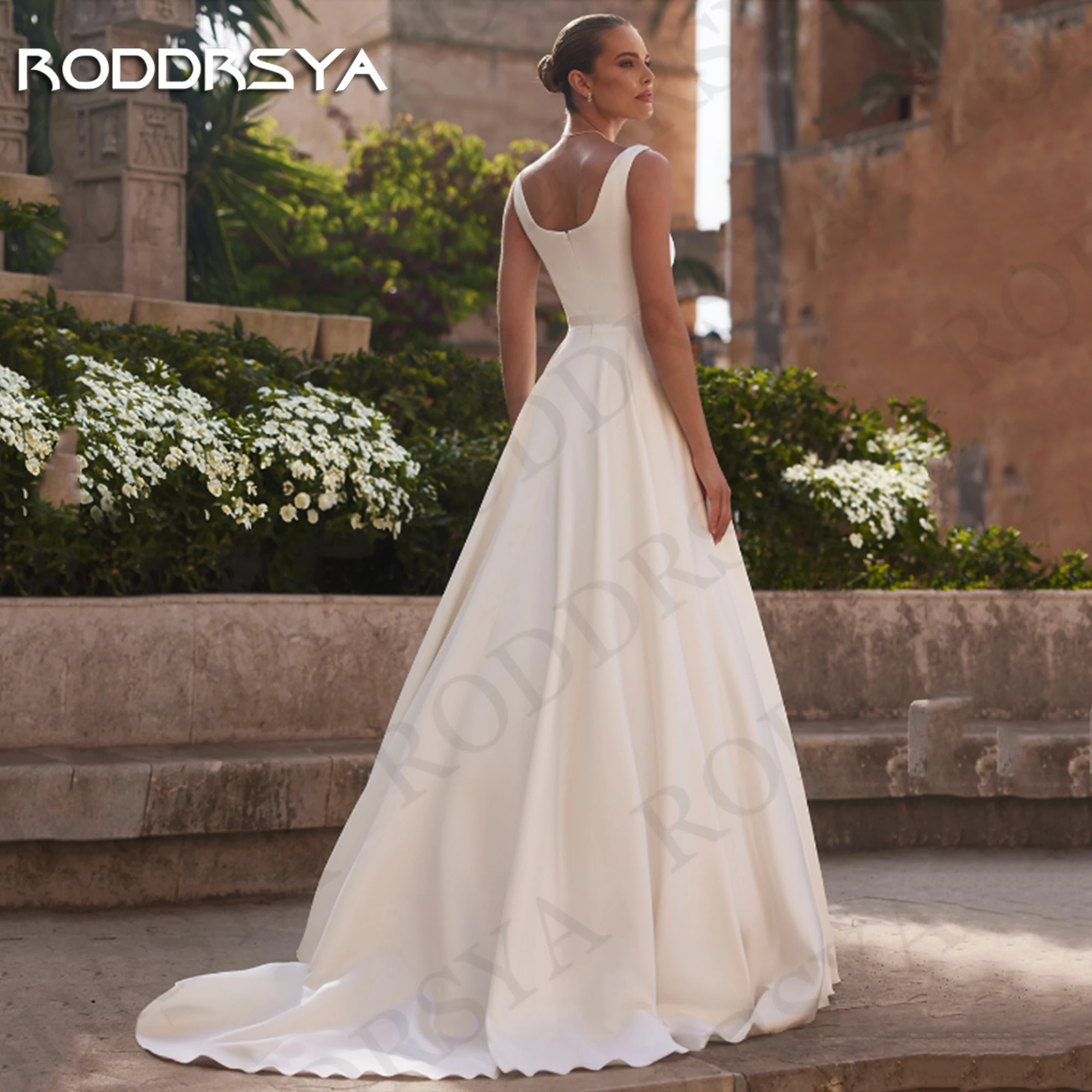 RODDRSYA Simple Satin Wedding Dress Elegant Square Neck A Line Bridal Gown robe de mariée Sleeveless Spaghetti Straps Custom 2