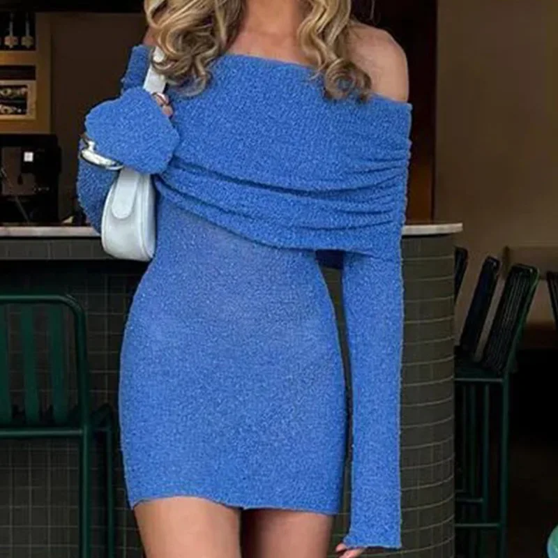 

Elegant Lodycon Short Party Dress 2024 Long Sleeve Blue Knitted Crochet Mini Off Shoulder Mesh Beach Holiday Dress