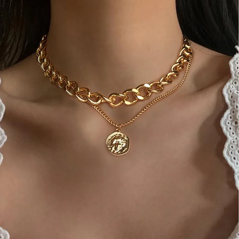 

European and American Simple Double-layer Chain Geometric Round Card Head Necklace Personality Fashion Clavicle Chain