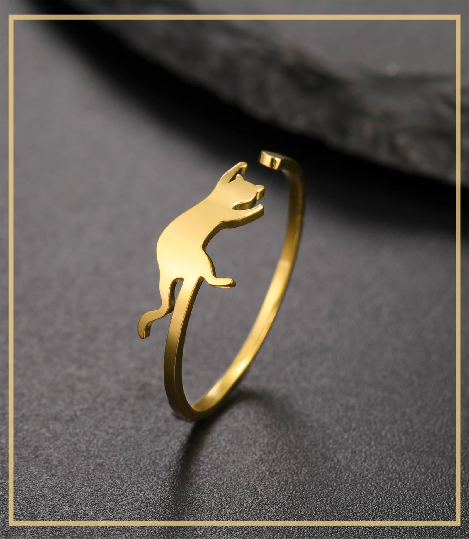 Cute Playing Cat Rings Adjustable Stainless Steel Minimalist Ring Women Fashion Kitten Animal Jewelry - PeticaDeals