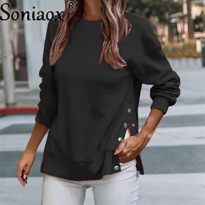 Winter Fashion Button Splicing Sweatshirt Women Solid Color O Neck Pullover Tops Casual Loose Hoodie Female Autumn Daily Clothes