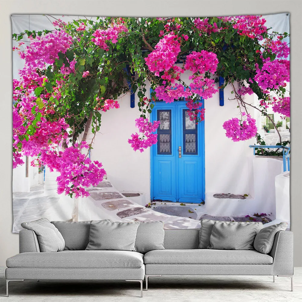 Greece Town Hippie Tapestry Spring Flower Street Tapestry Home Courtyard Patio Wall Hanging Art Living Room Mural
