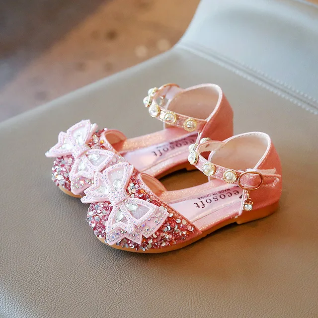 Summer Girls Sandals Fashion Sequins Rhinestone Bow Girls Princess Shoes Baby Girl Shoes Flat Heel Sandals Size 21-35 SHS104 SHS132 Pink