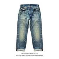 Saucezhan Mens Jeans Distressed  Moustache Effect Wash  Selvedge Denim Jeans  Motorcycle Regular Fit Straight Leg 14 Oz 1