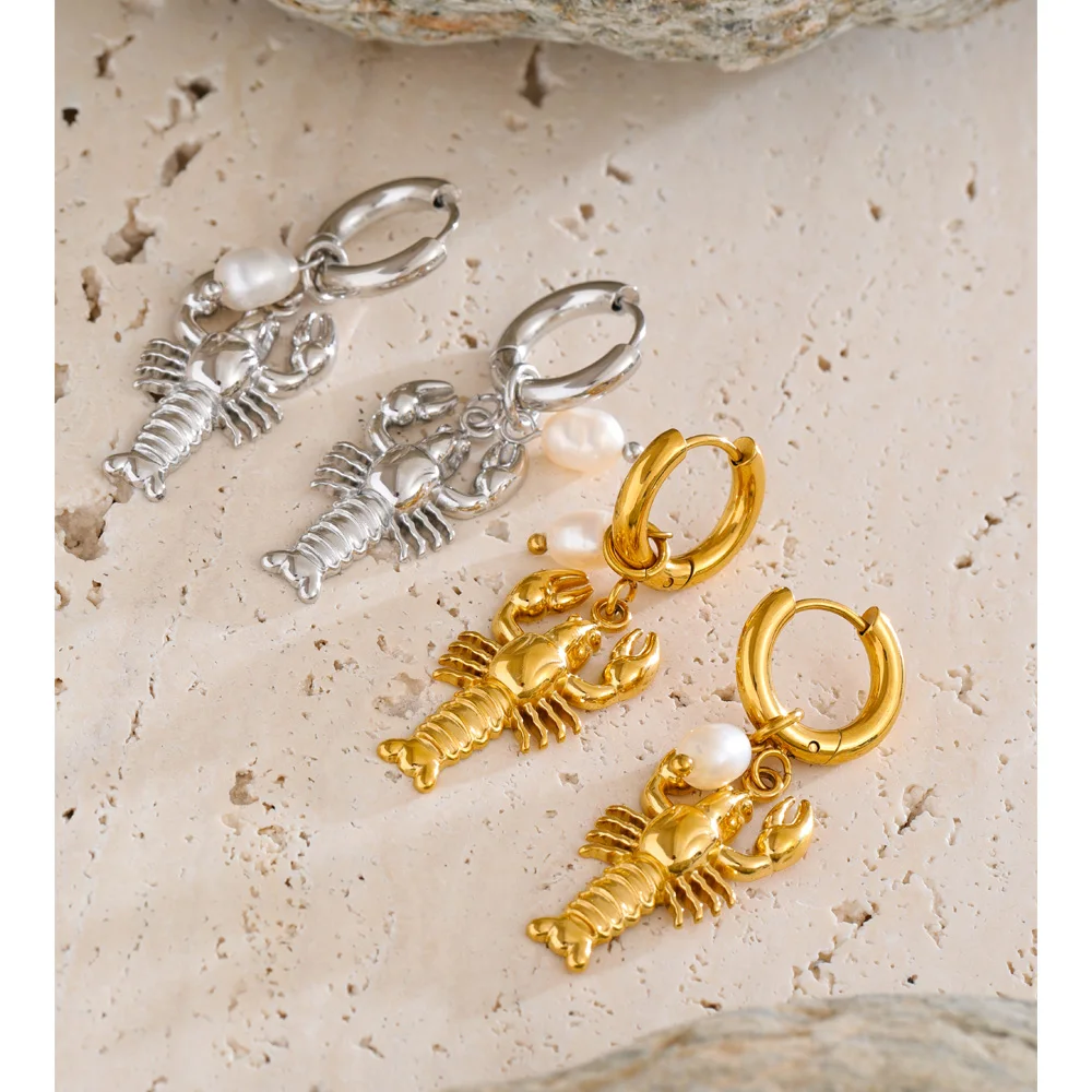 Yhpup Ocean Stainless Steel Crayfish Hoop Earrings Daily Wear