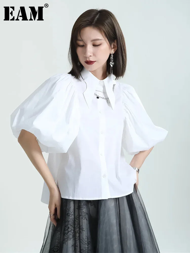 

[EAM] Women White Shaped Elegant Blouse New Lapel Half Lantern Sleeve Loose Fit Shirt Fashion Tide Spring Summer 2023 1DE8732