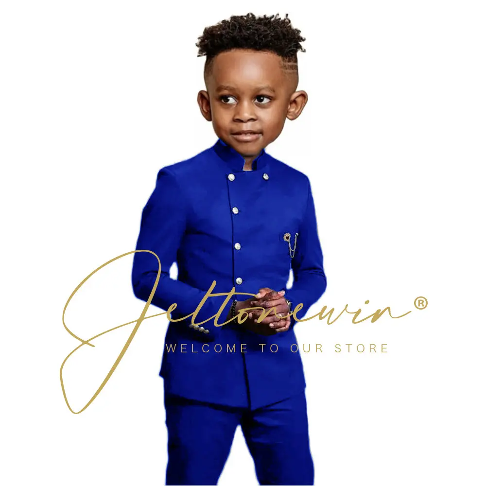 Royal Blue Boys Suit 2 Piece Wedding Tuxedos Double Breasted Jacket Pants Slim Fit Kids Formal Party Outfit Blazer Sets
