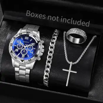 4PCS/Set Fashion Men Business Watches Luxury Big Dial Quartz Watch for Men Clock Jewelry Set Reloj Hombre（Without Box）
