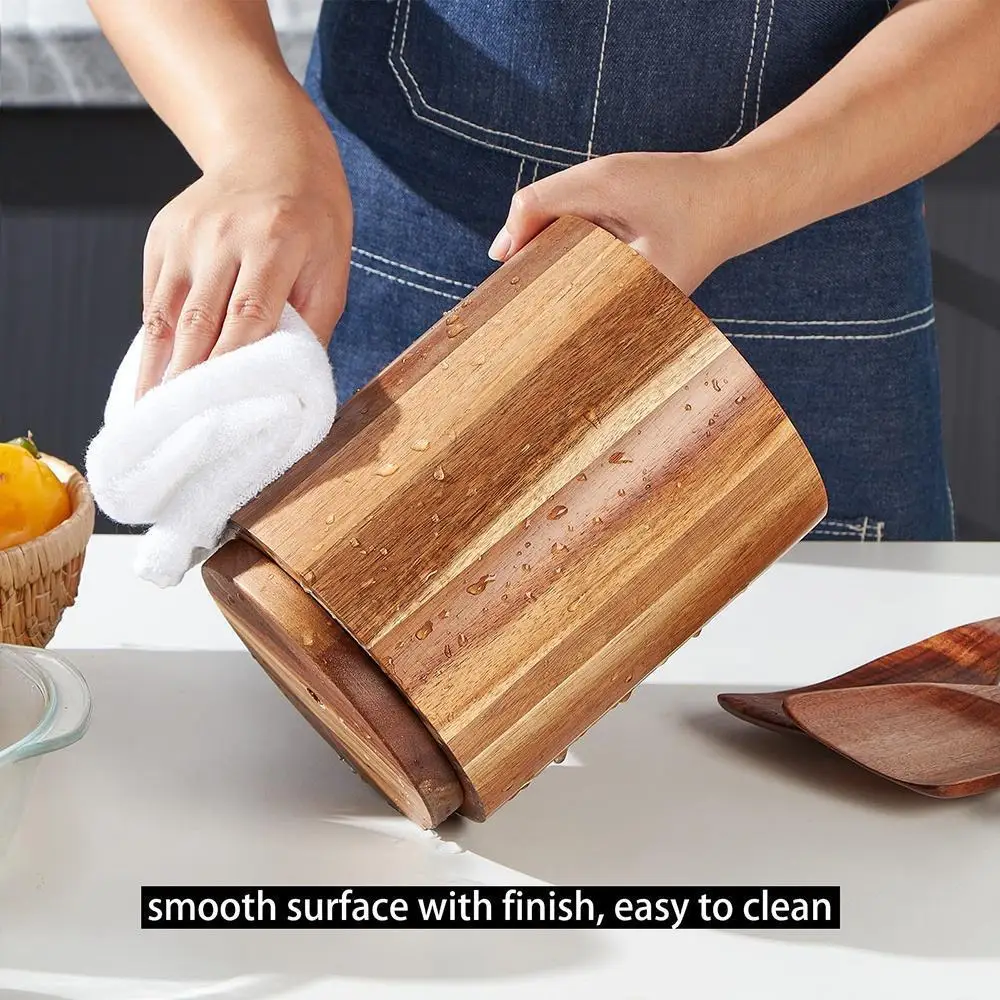 Acacia Wood Rotating Utensils Holder,Kitchen Countertop Organizer for Spoons,Forks,Knives,Cutlery Gadget Tools Storage Container 2