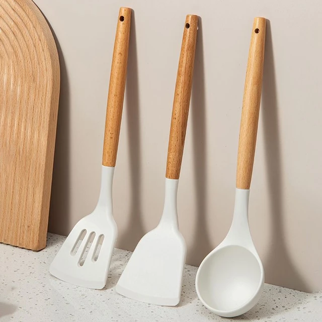 Set Kitchen Utensils Silicone Wooden Handle  Cookware Sets Kitchen Silicone  - Cooking Tool Sets - Aliexpress