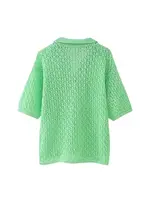 Women Fashion Pointelle Knit Loose Sweater Polo Collar Short Sleeve Female Pullovers Chic Tops - Image 5