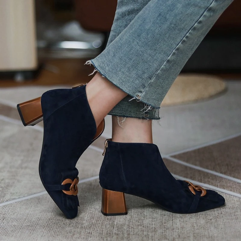 New Autumn/Winter Women Boots Sheep Suade Square Toe Square Heel Mid-Heel Ankle Boots Fringed Zipper Fashion Office Lady Shoes