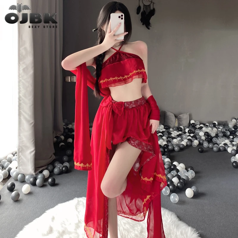 

OJBK 3PCS Women Traditional Lingerie Outfit Red Lace Floral Long Dress Halter Backless High Slit Nightwear Mesh Erotic Homewear