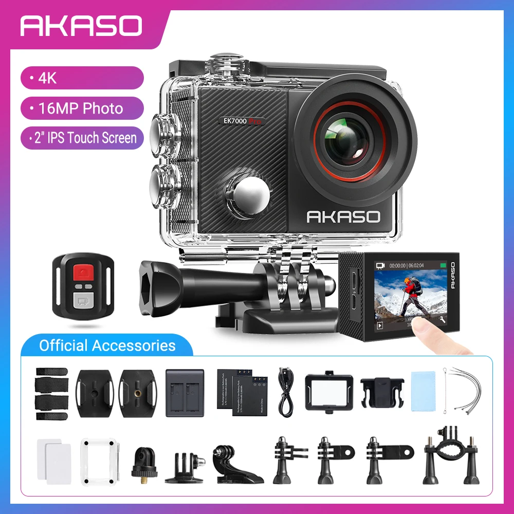 Akaso Action Camera Ek7000 Pro Touch Screen 40m Waterproof Camera Remote  Control 4k Sports Camera With Helmet Accessories - Sports & Action Video  Cameras - AliExpress