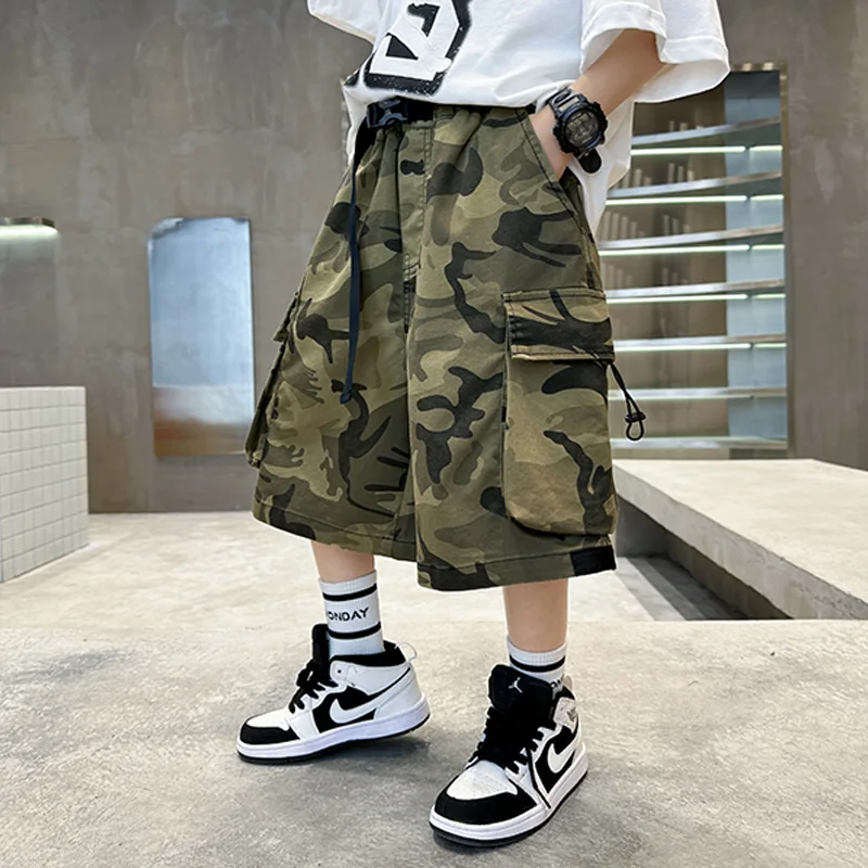 Summer New Tween Children Camouflage Cargo Shorts For Boys Teenager Casual Camo Shorts Fashion Kids Loose Capris Pants 5-14 Year