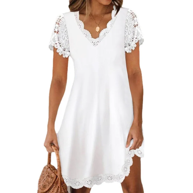 chinese dress ladies Casual V-Neck Solid A-Line Ruffled Suspender Short Dress main image 1