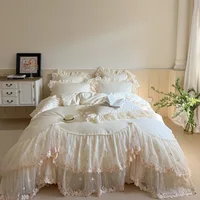 4Pcs Romantic Double Layer Lace Princess Wedding Bedding Set 100% Cotton Duvet Cover Bed Sheet Or Quilted Bedspread Pillowcases 1